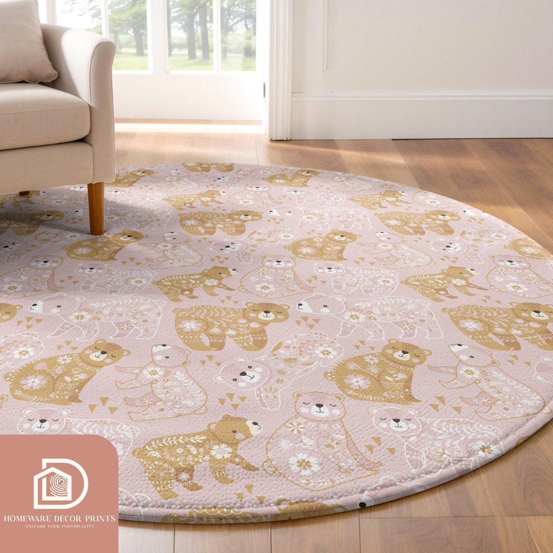 Blush Pink Folk Bear 5ft Round Rug, Forest Grizzly Comfy Mat, Botanical ...