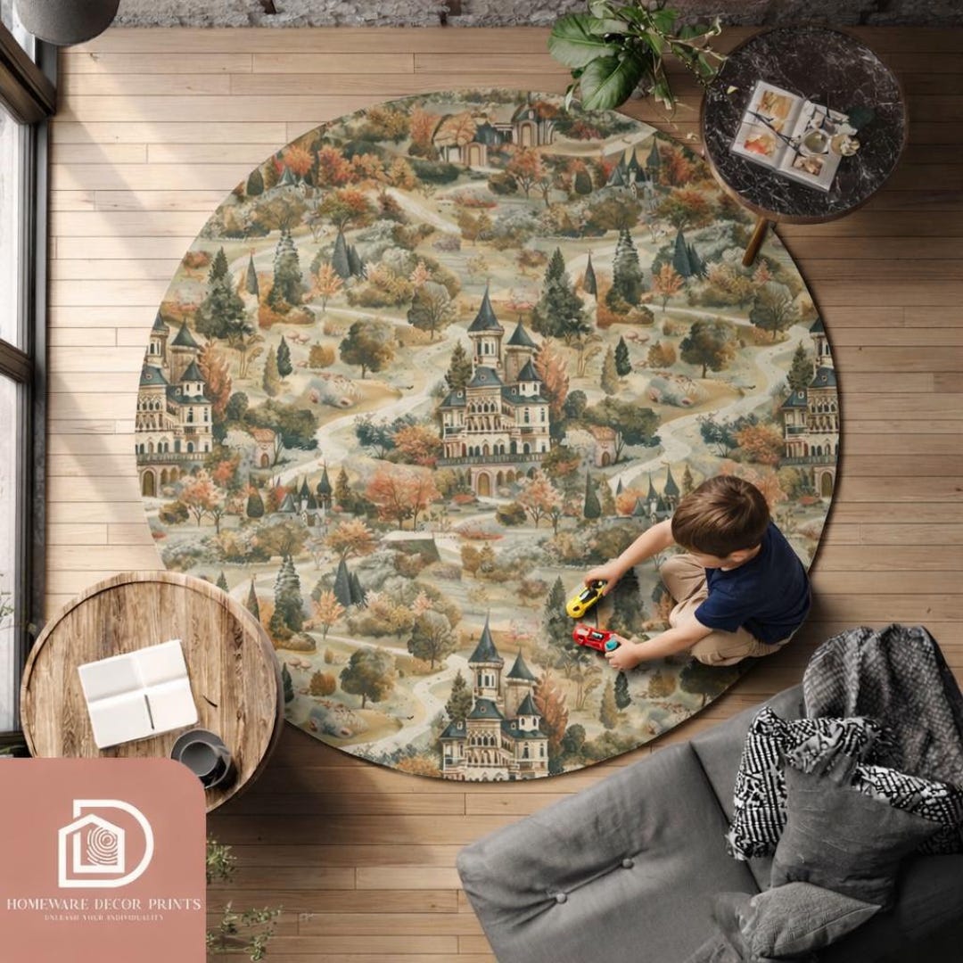 Rustic Castle Rugs Medieval Castle Round Rug, Kids Playmat, Enchanted Forest Nursery Decor ...