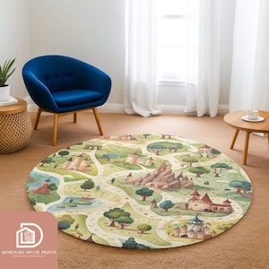 Castle Round Rug Castle Road Map 5ft Round Rug, Medieval Fairytale Nursery Theme Soft ...