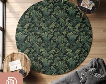 Green Damask Round Rug, Old Money Aesthetic, Baroque Victorian Area Carpet, Dark Academia Large Mat, Goth Elegant Bedroom Decor