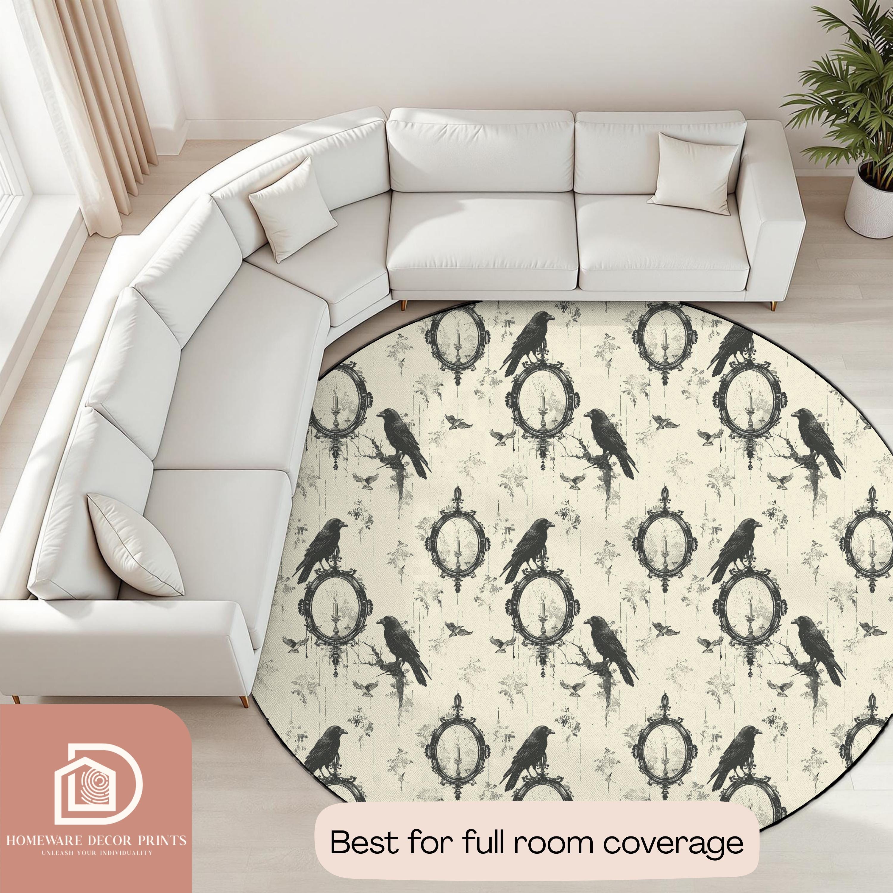 Gothic Black Crow Round Rug, Victorian Circular Mat, Witchy Dark ...