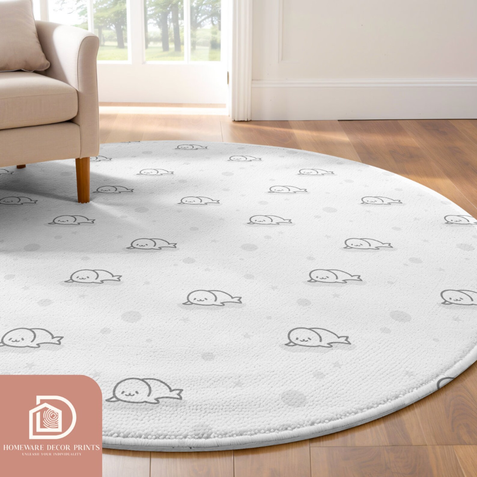 Arctic Animal 5ft Round Rug, Baby Seal Fluffy Playmat, Polar Creature ...