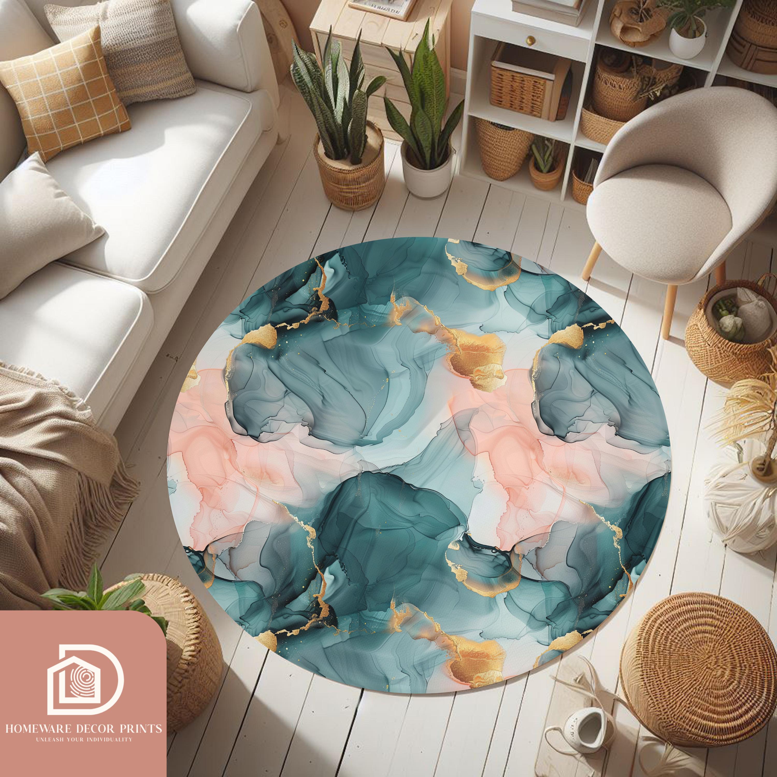 Pink And Green Shell Rug Pink & Green Marble Round Rug, Gold Accent Elegant Mat, Emerald Green ...