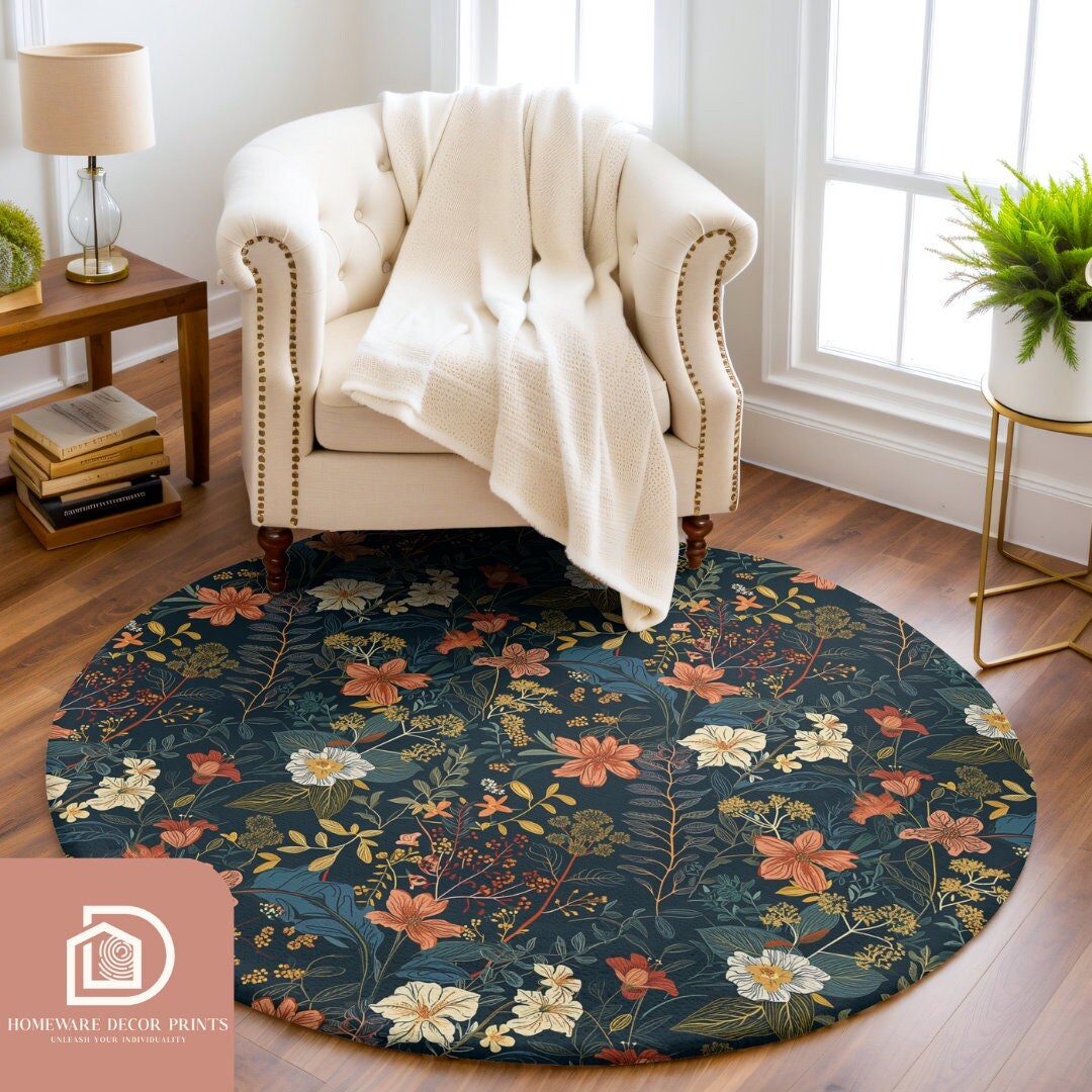 Vintage Floral 5ft Round Rug, Dark Academia Comfy Circle Mat, Botanical ...