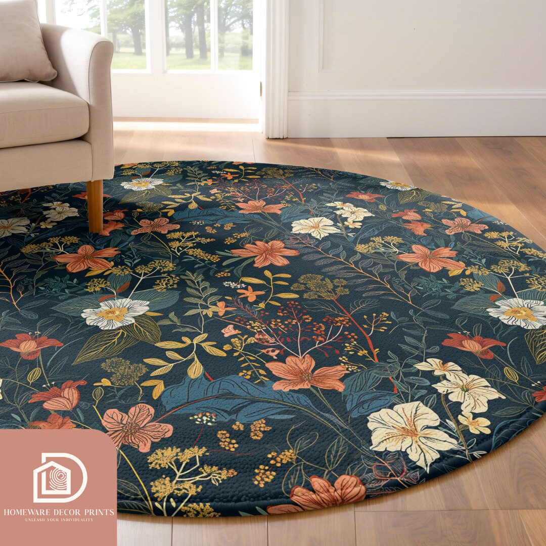 Vintage Floral 5ft Round Rug, Dark Academia Comfy Circle Mat, Botanical ...