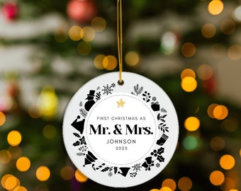 Personalized Mr and Mrs/ First Christmas/ 2023/ Ceramic/ Ornament/ Christmas Silhouette Wreath