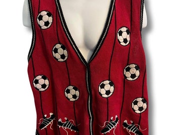 Vintage 90s Embroidered Soccer Vest. Red and black striped. Size XL