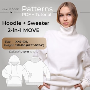 Hoodie-Schnittmuster 2in1, Damen-Sweatshirt-Schnittmuster mit Kapuze, Pullover-Schnittmuster, Hoodie-Schnittmuster / Körpergröße 158-168 62,2-66,1, Größe 3XS-4XL Bild 1