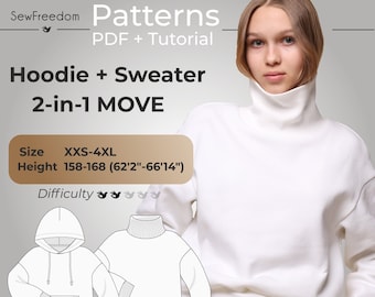 Hoodie pattern 2in1, woman sweatshirt pattern with hood, sweater sewing pattern, Hoodie patterns / Height 158-168 (62.2-66.1), Size 3XS-4XL