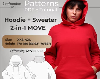 Hoodie pattern 2in1, woman sweatshirt pattern with hood, sweater sewing pattern, Trendy Hoodie patterns / Height 170-180, Size 3XS-4XL