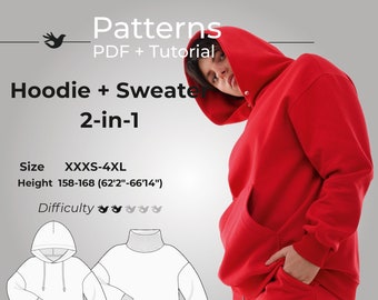 Hoodie pattern 2in1, woman sweatshirt pattern with hood, sweater sewing pattern, Trendy Hoodie patterns / Height 158-168, Size 3XS-4XL