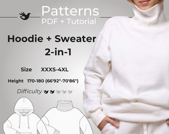 Hoodie pattern 2in1, woman sweatshirt pattern with hood, sweater sewing pattern, Trendy Hoodie patterns / Height 170-180, Size 3XS-4XL