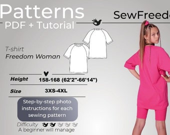 T-shirt pattern for woman with tutorial, Easy to sew patterns, Basic shirt sewing patterns, Easy Digital PDF / Height 158-168, Size 3XS-4XL