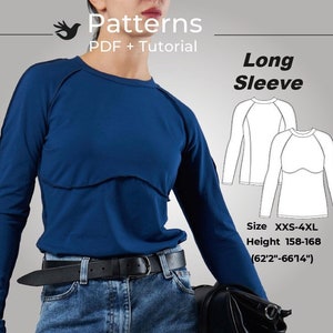 Op de afbeelding: Een naaipatroon voor een shirt met lange mouwen en een ronde hals. Het patroon is verkrijgbaar in de maten XXS-4XL en is ontworpen voor een lengte van 158-168 cm.