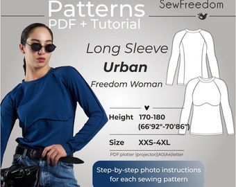 Long sleeve shirt sewing patterns, Hiking woman shirt pattern, Tech Stretch Crewneck Shirt patterns / Height 170-180, Size 2XS-4XL