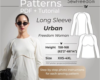 Long sleeve shirt sewing patterns, Hiking woman shirt pattern, Tech Stretch Crewneck Shirt patterns / Height 158-168, Size 2XS-4XL
