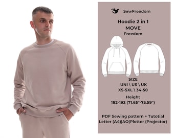 Men's sweatshirt hoodie 2in1 Pattern with raglan sleeves and kangaroo pocket men's, hoodie pattern, sizes XS-5XL (us/uk 34-50), digital PDF.