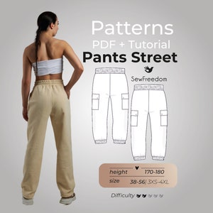 May include: A digital sewing pattern for pants with cargo pockets. The pattern includes a PDF file and a tutorial. The pattern is for sizes 3XS-4XL and heights 170-180 cm. The difficulty level is rated as easy.