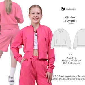 May include: A pink bomber jacket sewing pattern for children, ages 8-14, with a height range of 50.4-64.6 inches. The pattern includes a tutorial and is available in Letter, A0, and Plotter formats.