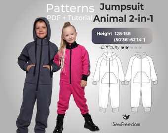 Jumpsuit Pattern 2 in 1 Kids, Hooded/Ear Design and Collared Style, Adjustable Waist,  Hidden Zipper - Height 128-158cm (50-62 inch)| 7Y-13Y