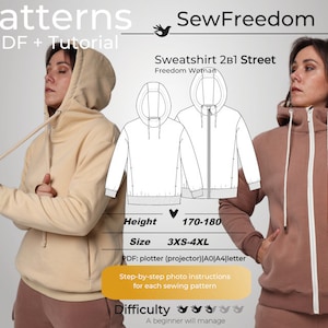 Hoodie pattern 2in1, thumb sleeve sweatshirt pattern, woman sweatshirt sewing pattern / Height 170-180, Size 3XS-4XL