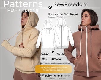 Hoodie pattern 2in1, thumb sleeve sweatshirt pattern, woman sweatshirt sewing pattern / Height 170-180, Size 3XS-4XL