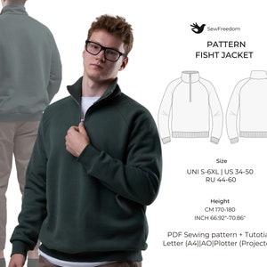 Puede incluir: Un suéter verde de cuello alto y manga larga con cremallera. El suéter se muestra en un modelo. La imagen también incluye un dibujo de línea del suéter en dos vistas diferentes. El texto "SewFreedom" y "PATTERN FISHT JACKET" está en la parte superior de la imagen. El texto "Size UNI S-6XL | US 34-50 RU 44-60" está debajo de los dibujos de línea. El texto "Height CM 170-180 INCH 66.92"-70.86" está debajo de la información de tamaño. El texto "PDF Sewing pattern + Tutorial Letter (A4)|AO|Plotter (Projector)" está en la parte inferior de la imagen.