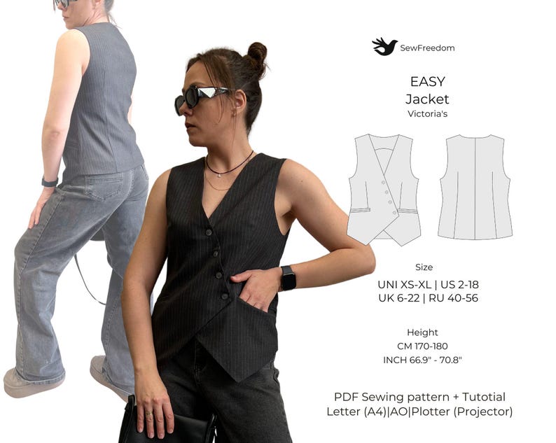 May include: A sewing pattern for an easy jacket, called "Victoria's", with instructions for sizes XS-XL, US sizes 2-18, UK sizes 6-22, and Russian sizes 40-56. The pattern is for a height of 170-180 cm (66.9-70.8 inches). The pattern is available as a PDF download and includes a tutorial. The pattern is for a sleeveless jacket with a V-neck and a button closure.