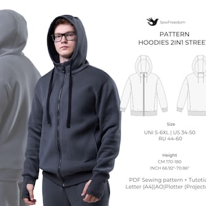 Puede incluir: Un patrón de costura PDF para una sudadera con capucha con agujeros para los pulgares. El patrón incluye instrucciones para dos estilos diferentes de sudaderas. El patrón está disponible en las tallas S-6XL, US 34-50 y RU 44-60. El patrón es para una altura de 170-180 cm (66,92-70,86 pulgadas).