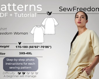 T-shirt pattern for woman with tutorial, Easy to sew patterns, Basic shirt sewing patterns, Easy Digital PDF / Height 170-180, Size 3XS-4XL