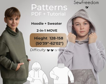 Kids Hoodie pattern 2in1, Child sweatshirt pattern with hood, kids sweater sewing pattern, Trendy Hoodie patterns / Height 128-158