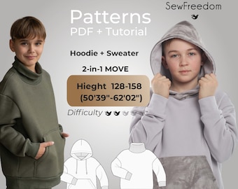 Kids Hoodie pattern 2in1, Child sweatshirt pattern with hood, kids sweater sewing pattern, Trendy Hoodie patterns /Height 128-158 cm, 8Y-13Y