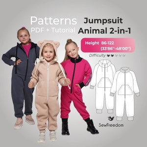 Könnte beinhalten: Ein Schnittmuster für einen 2-in-1-Tier-Jumpsuit für Kinder. Das Schnittmuster enthält eine Anleitung und ist in den Größen 86-122 cm (33,86"-48,00") erhältlich. Das Schnittmuster ist als einfach zu nähen eingestuft.