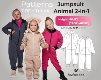 Jumpsuit Pattern 2 in 1 Kids, Hooded/Ear Design and Collared Style, Adjustable Waist, Extendable Cuffs Sizes 86-122 cm (48-62 inches)