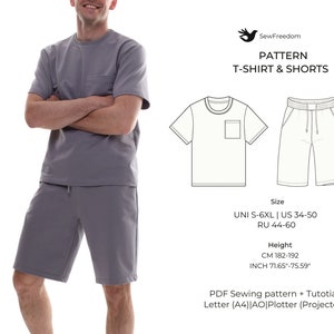 May include: A sewing pattern for a t-shirt and shorts. The pattern includes instructions for sizes S-6XL, US 34-50, and RU 44-60. The pattern is designed for a height of 71.65"-75.59" (182-192 cm). The pattern is available in PDF format and includes a tutorial. The pattern can be printed on A4 paper, AO paper, or a plotter. The pattern can also be projected.