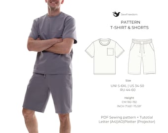 Patrón de camiseta y pantalones cortos para hombre / Tallas S-6XL / Camiseta clásica de cuello redondo y pantalones cortos con bolsillos / Patrón de costura digital fácil en PDF