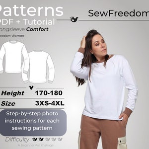 Blouse pattern for woman, Easy to sew patterns, Long sleeve shirt sewing patterns / Height 170-180, Size 3XS-4XL