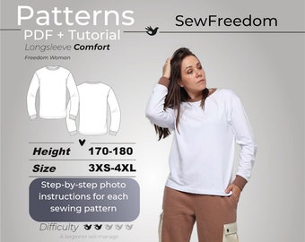 Blouse pattern for woman, Easy to sew patterns, Long sleeve shirt sewing patterns / Height 170-180, Size 3XS-4XL