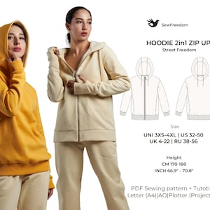 May include: Two women wearing hooded zip-up sweatshirts and matching sweatpants. One is wearing a mustard yellow hoodie, and the other is wearing a cream-colored hoodie. The image also includes a diagram of the hoodie and text that reads "HOODIE 2in1 ZIP UP".