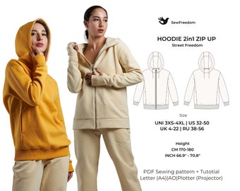 Hoodie pattern 2in1, thumb sleeve sweatshirt pattern, zip-up sweatshirt sewing pattern, Fall clothes patterns / Height 170-180, Size 3XS-4XL