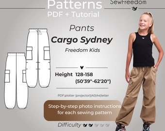 Girl Cargo Pants Pattern, Kids Baggy Pocket Pants patterns, Tech Style girl patterns, Girl Streetwear Pants / Height 128 -158 (50-62 inches)