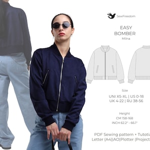 May include: A PDF sewing pattern for an easy bomber jacket, called "Milna", with instructions for sizes XS-XL. The pattern is available in US sizes 0-18, UK sizes 4-22, and Russian sizes 38-56. The pattern is for a height of 62.2" to 66.1" (158-168 cm).
