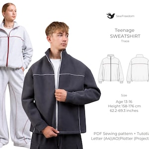 Puede incluir: Un patrón de costura en PDF para una sudadera de adolescente titulado Trace de SewFreedom. La imagen muestra una sudadera gris claro con cremallera y pantalones a juego con ribetes rojo oscuro, una sudadera gris oscuro y dibujos técnicos.