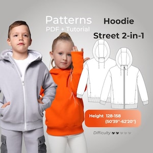 Kids Hoodie pattern 2in1, Child sweatshirt pattern with hood, zipper hoody sewing pattern, Trendy Hoodie patterns / Height 128-158/ 50"-62"