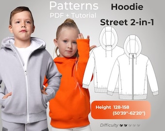 Kids Hoodie pattern 2in1, Child sweatshirt pattern with hood, zipper hoody sewing pattern/ Height 128-158/ 50"-62"/ 8-13Y