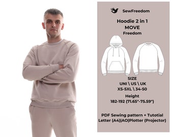 Men's sweatshirt hoodie 2in1 Pattern with raglan sleeves and kangaroo pocket men's, hoodie pattern, sizes XS-5XL (us/uk 34-50), digital PDF.