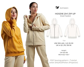 Hoodie pattern 2in1, woman sweatshirt pattern with hood, Trendy Hoodie patterns, zip-up sweatshirt pattern, Height 158-168, Size 3XS-4XL