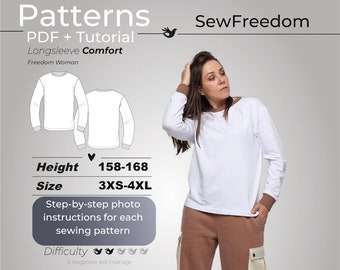 Blouse pattern for woman with tutorial, Easy to sew patterns, Long sleeve shirt sewing patterns / Height 158-168, Size 3XS-4XL