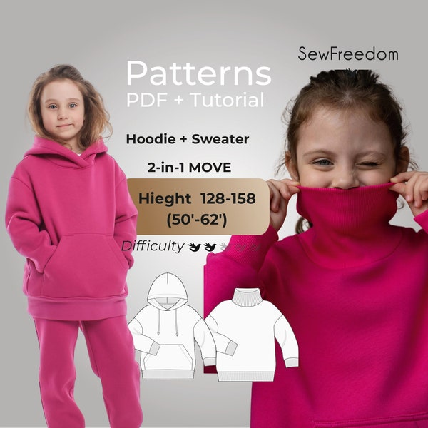 Kids Hoodie pattern 2in1, Child sweatshirt pattern with hood, kids sweater sewing pattern, Trendy Hoodie patterns / Height 128-158 | 7Y-13Y