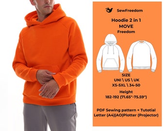 Men's hoodie/sweatshirt Pattern with raglan sleeves and kangaroo pocket men's, hoodie pattern, sizes XS-5XL (us/uk 34-50), easy digital PDF.